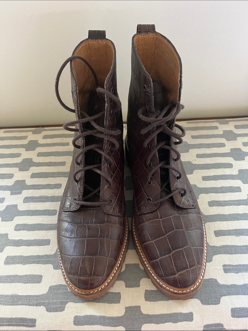 Madewell Dark Brown Croc-Embossed Leather Lace-Up Combat Boots